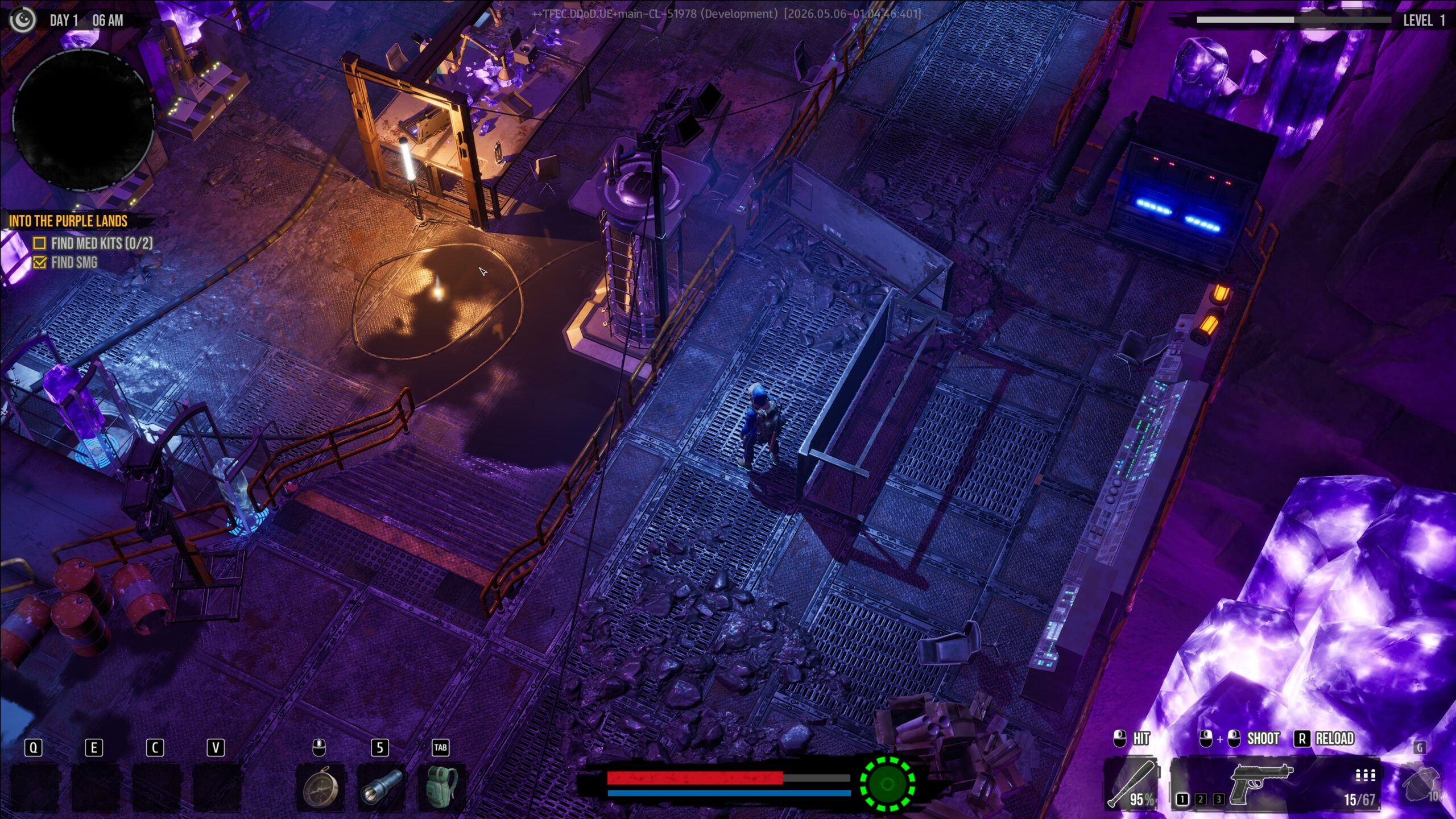 DDoD gameplay: exploring a purple-lit laboratory dungeon