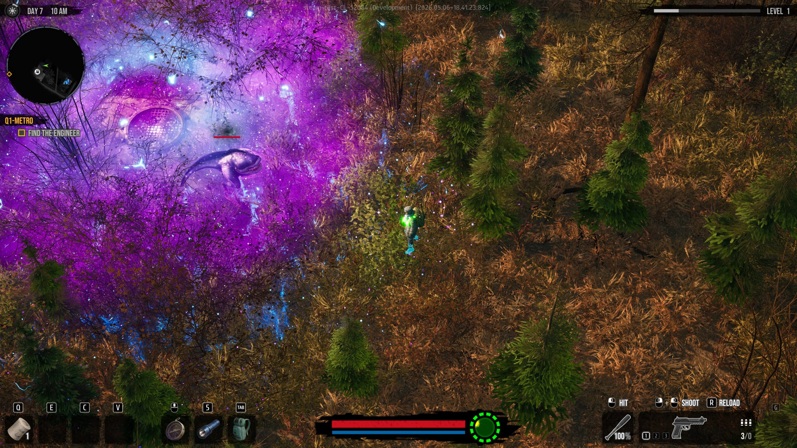 DDoD gameplay: glowing purple Fog spreading through the forest