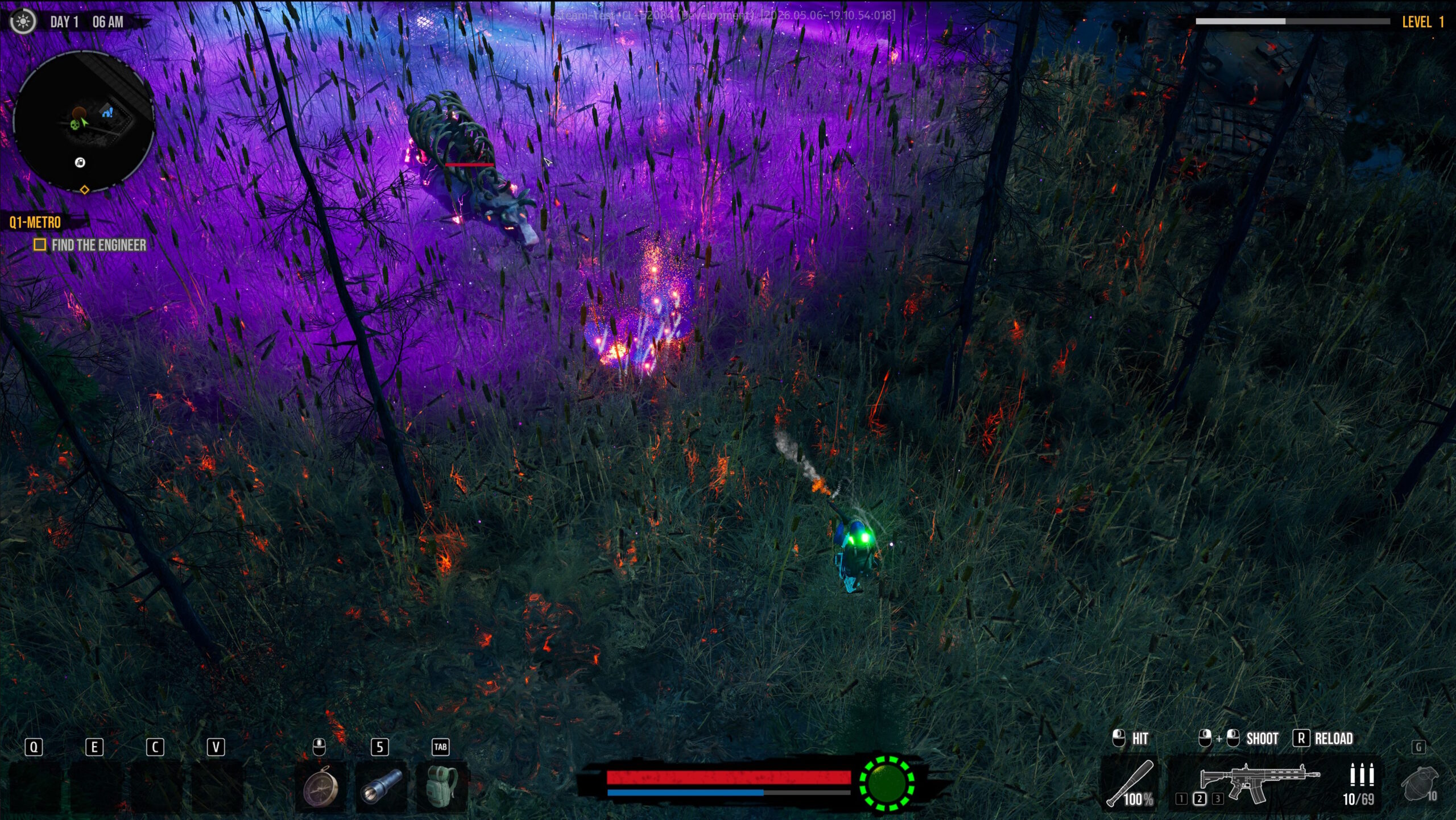 DDoD gameplay: exploring a forest covered in purple Fog