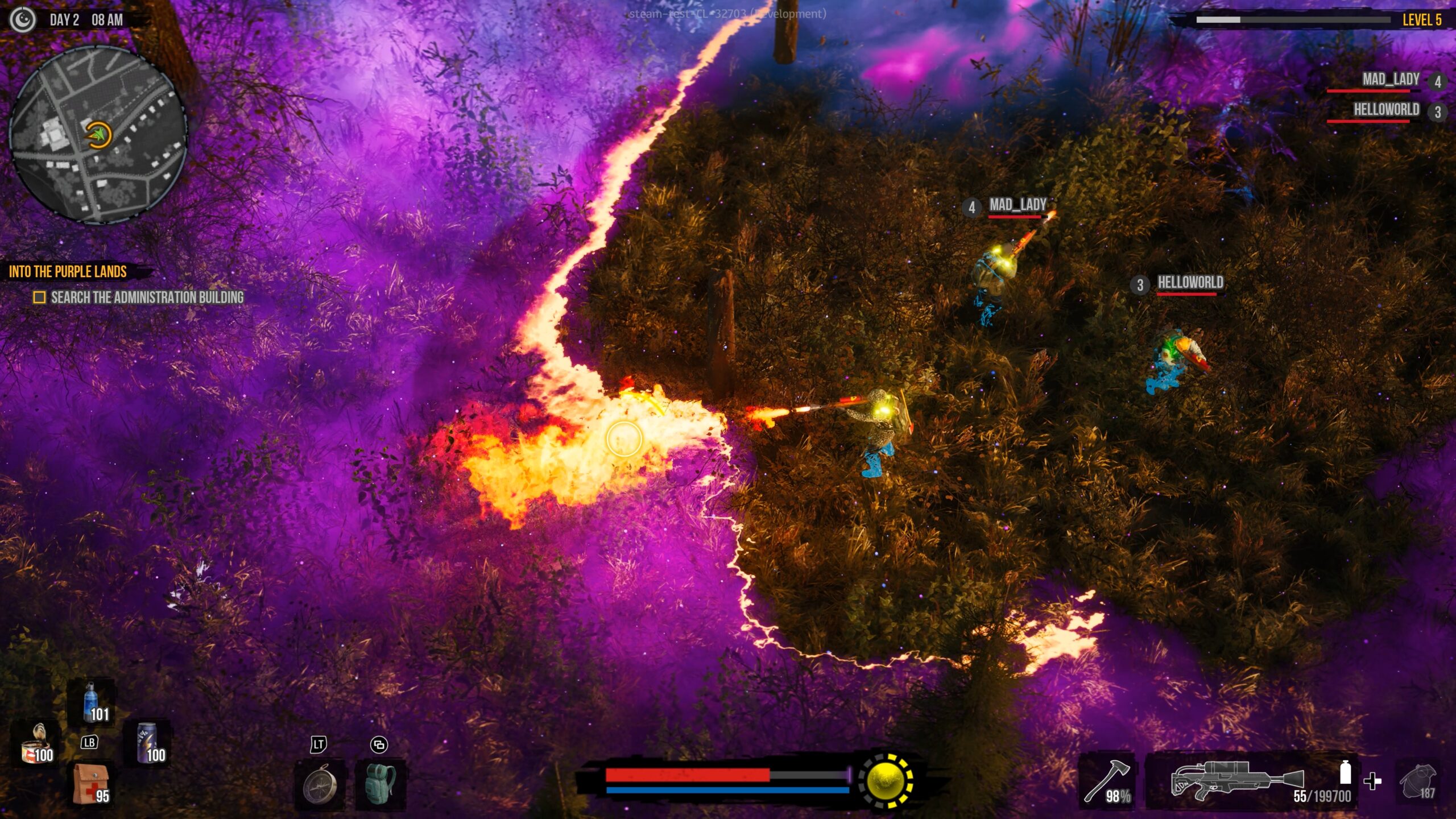 DDoD gameplay: fire and purple Fog in an outdoor battle