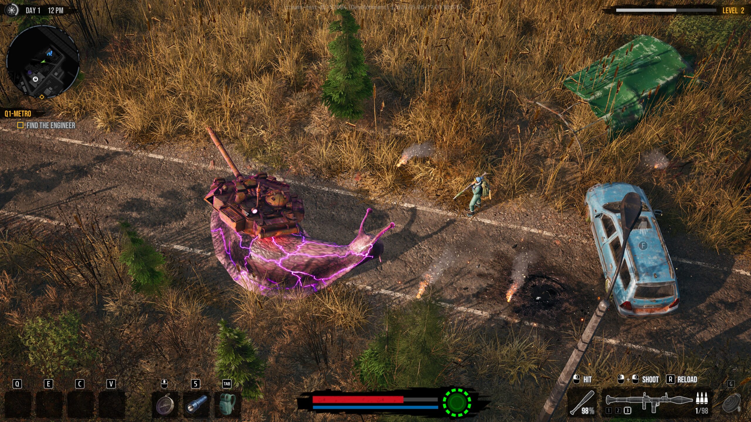 DDoD gameplay: a slime creature on a road beside abandoned vehicles