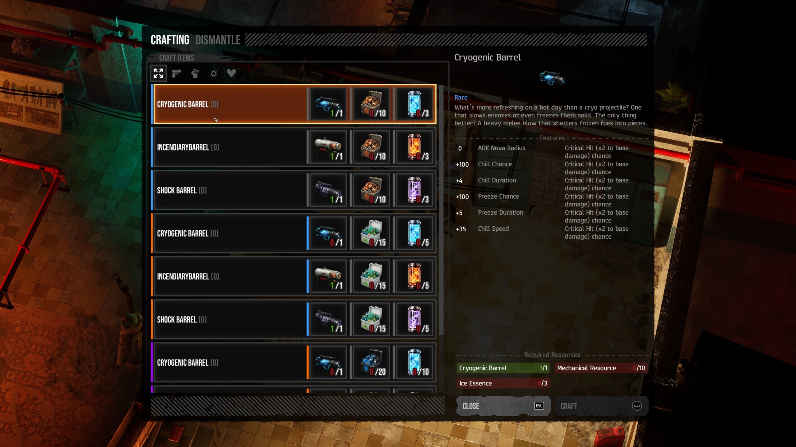 DDoD crafting menu with weapon modifications and recipes