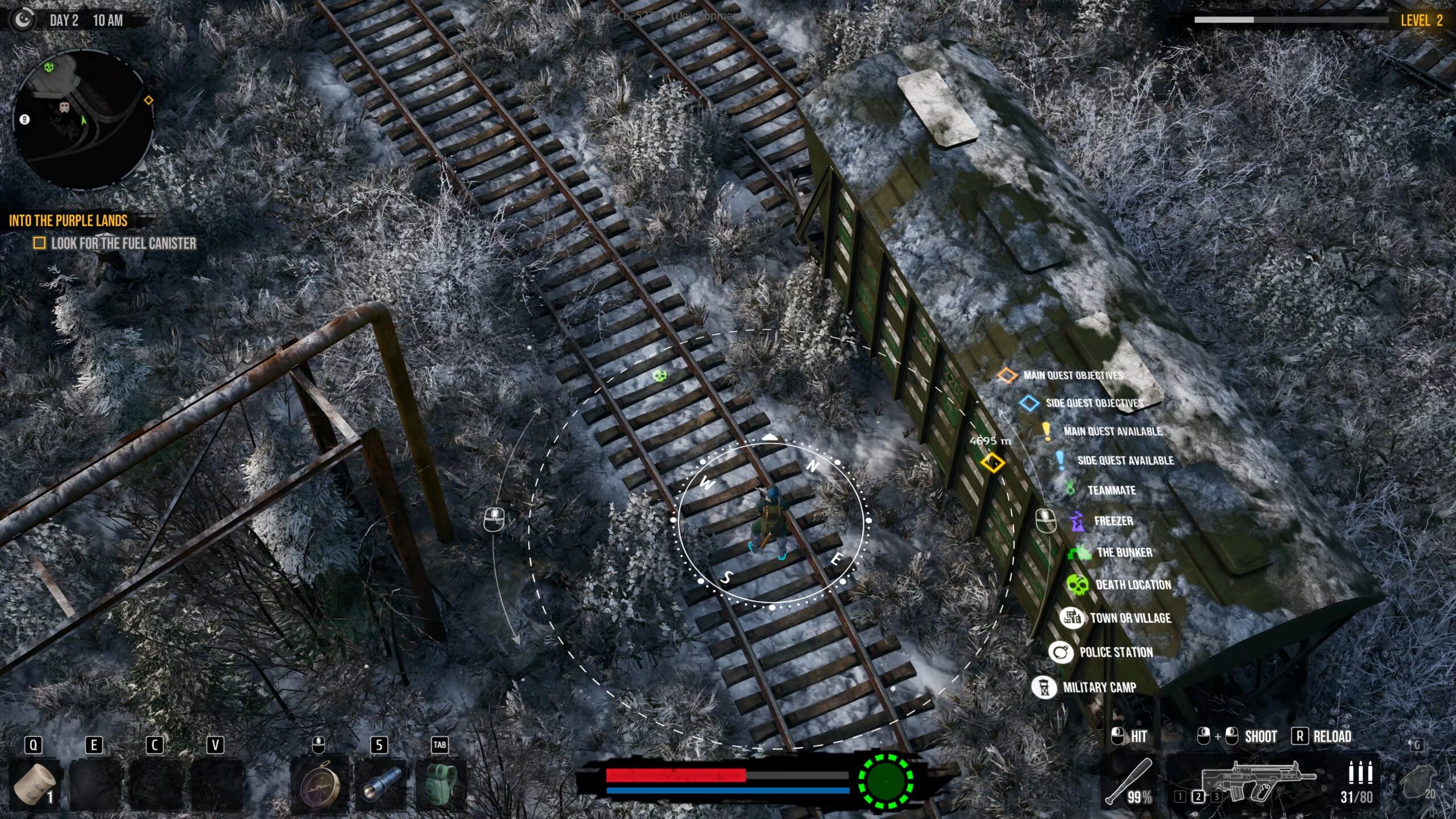 DDoD gameplay: a snowy industrial area with the compass and HUD